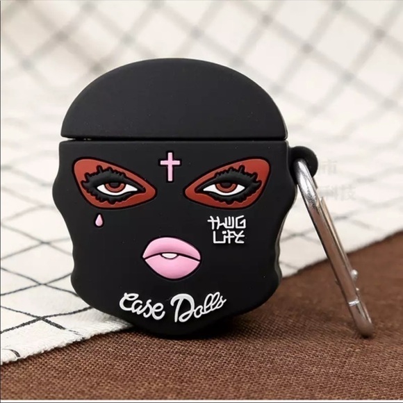 Black THUG LIFE AIR PODS 1 & 2 SILICONE CASE COVER WITH KEYCHAIN - Picture 1 of 5